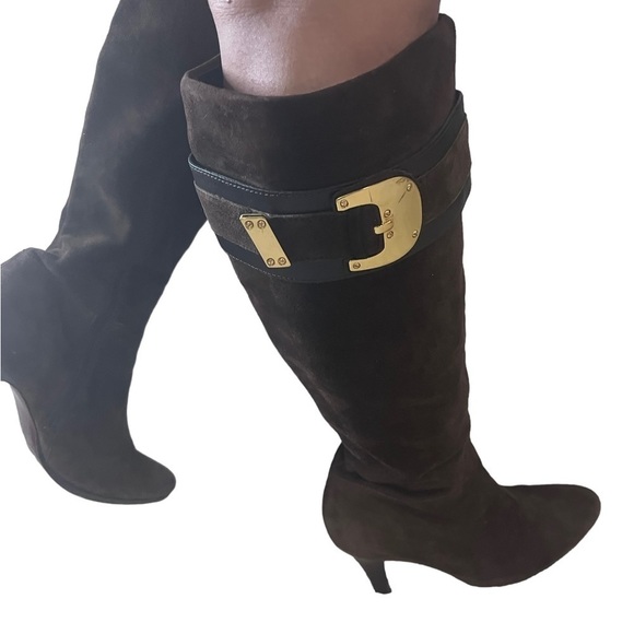 Cole Haan Shoes - Cole Haan Chocolate Gold Buckle Heeled Calf Boots